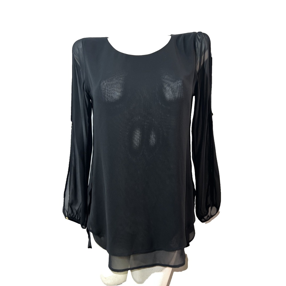 Black Label by Chicos Black Sheer Cold Shoulder Tiered Blouse Size 00 Small
